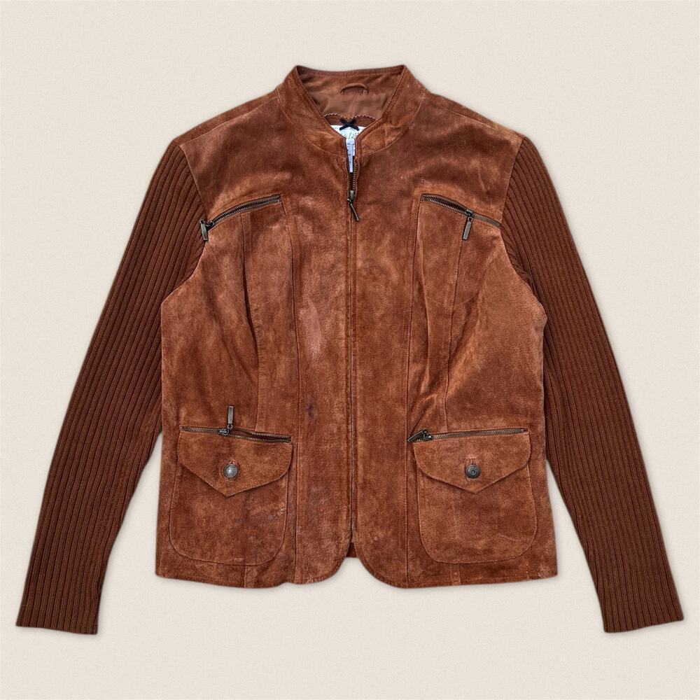 Vintage Brown Suede Leather Jacket‎ Ribbed Sleeves - Size Large Women's